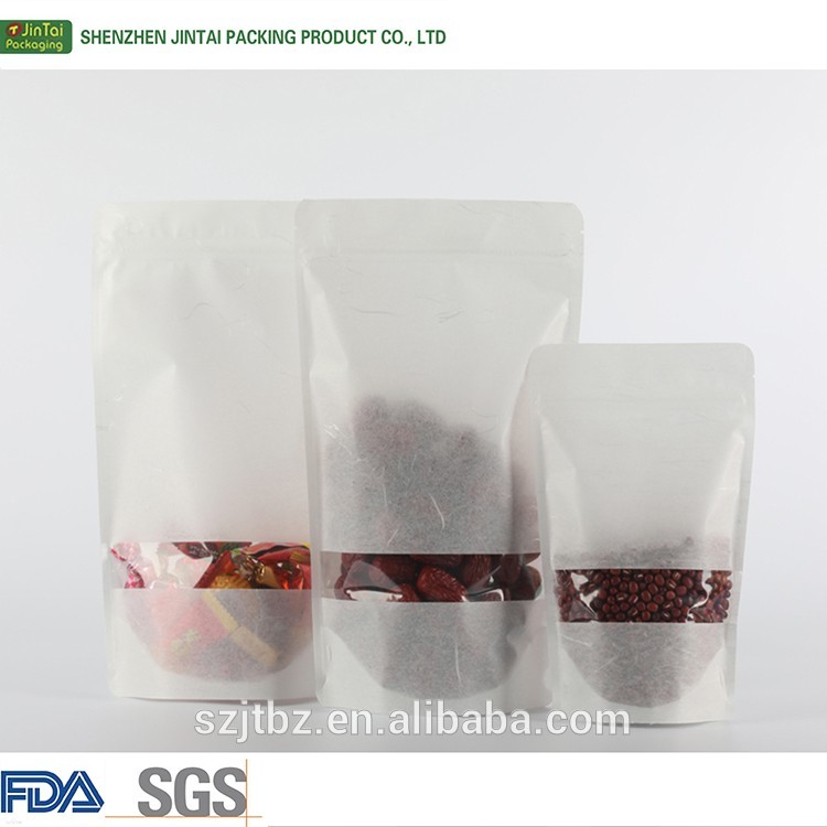 Environmentally-friendly rice paper food packaging bags stand up zipper bags with clear window for nuts snacks